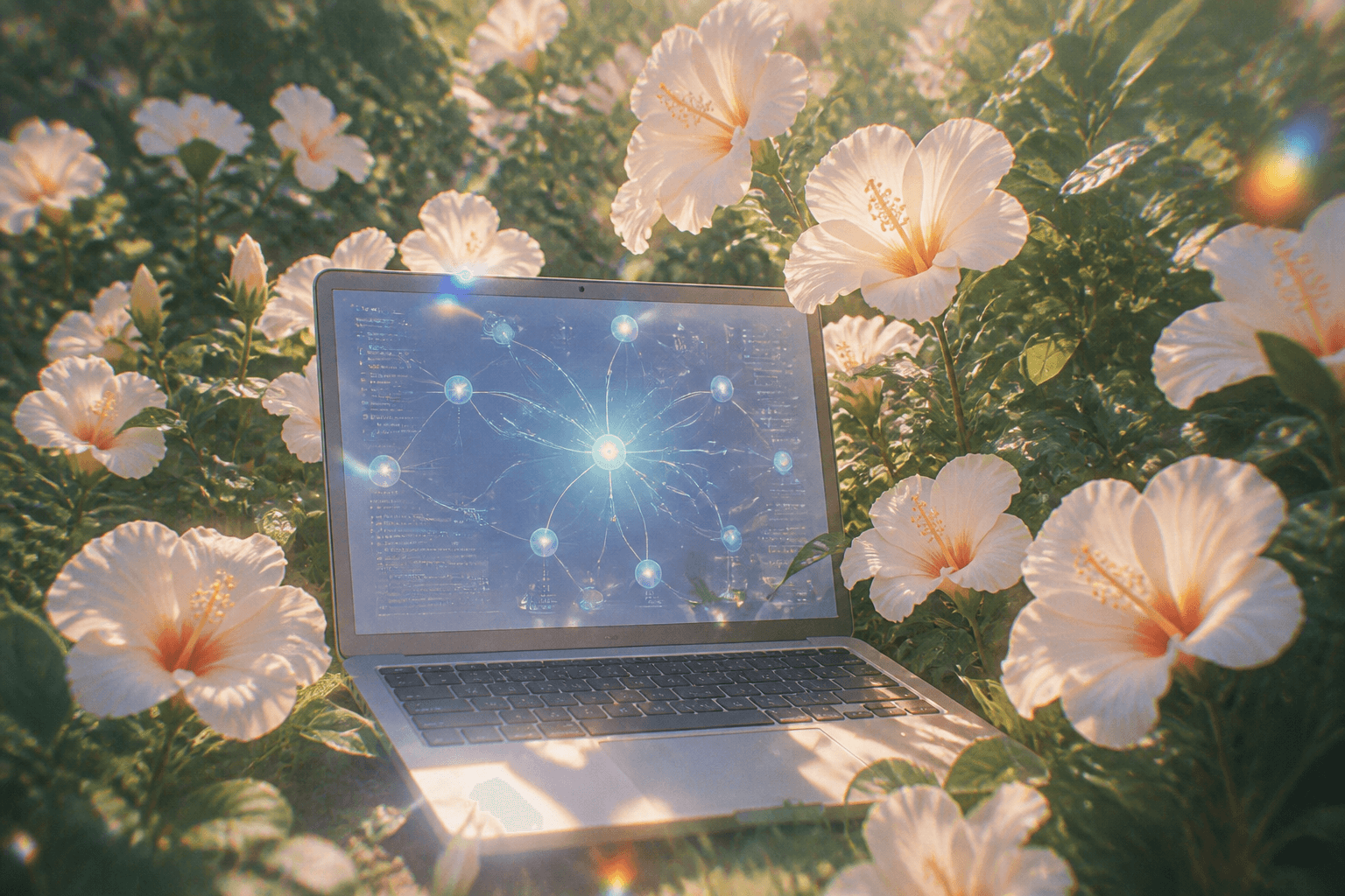 Laptop in a flower garden with soft blue abstract nodes suggesting MCP agent demo capture