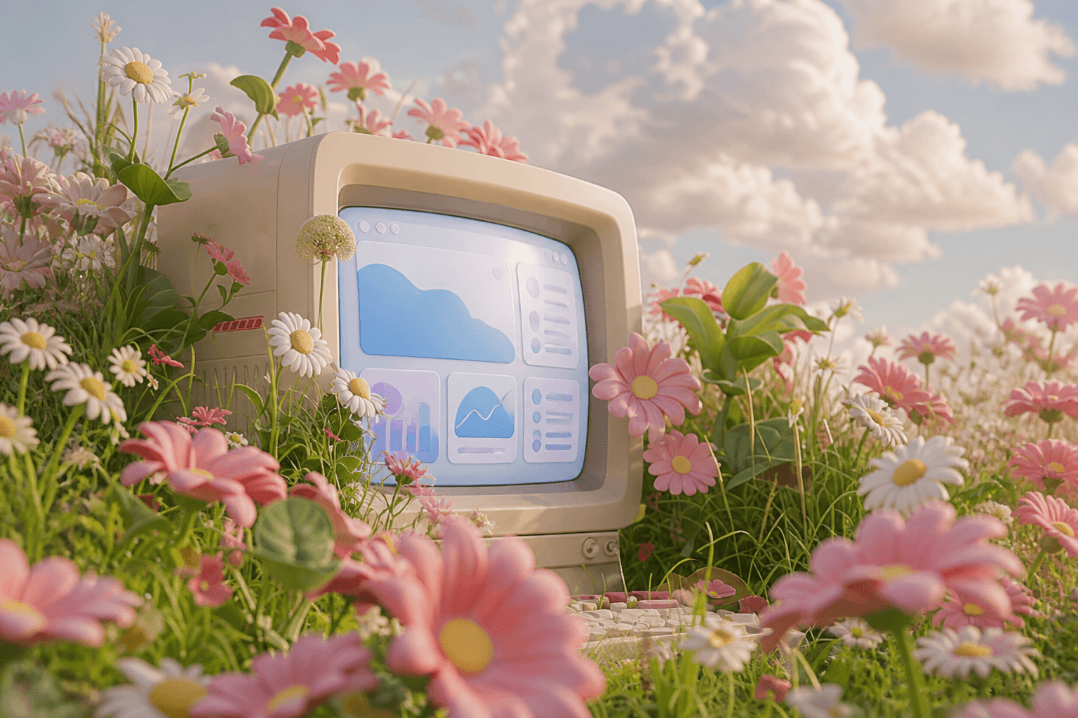 Vintage computer in a wildflower meadow illustrating a polished SaaS launch demo workflow