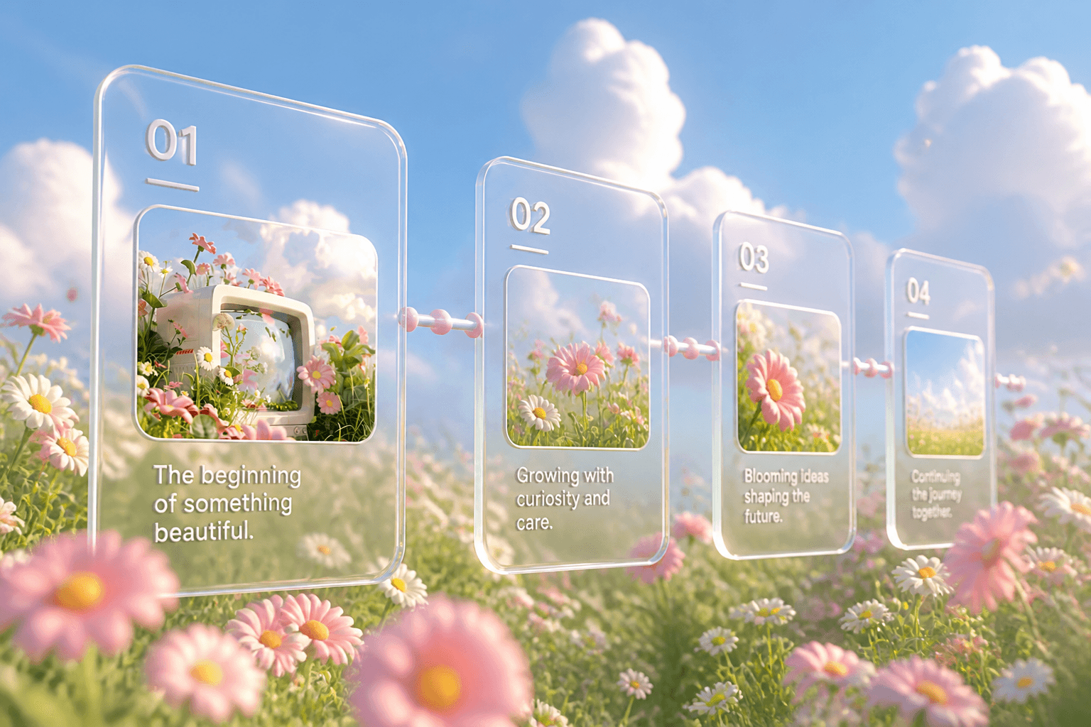 Glass timeline frames in a sunny meadow illustrating reusable demo edits
