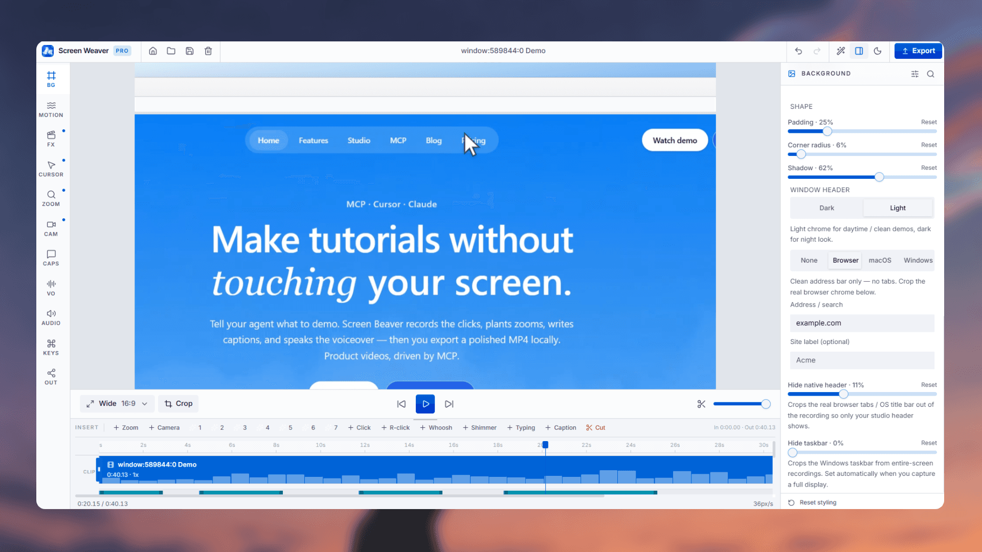 Screen Beaver studio with background and window-frame controls