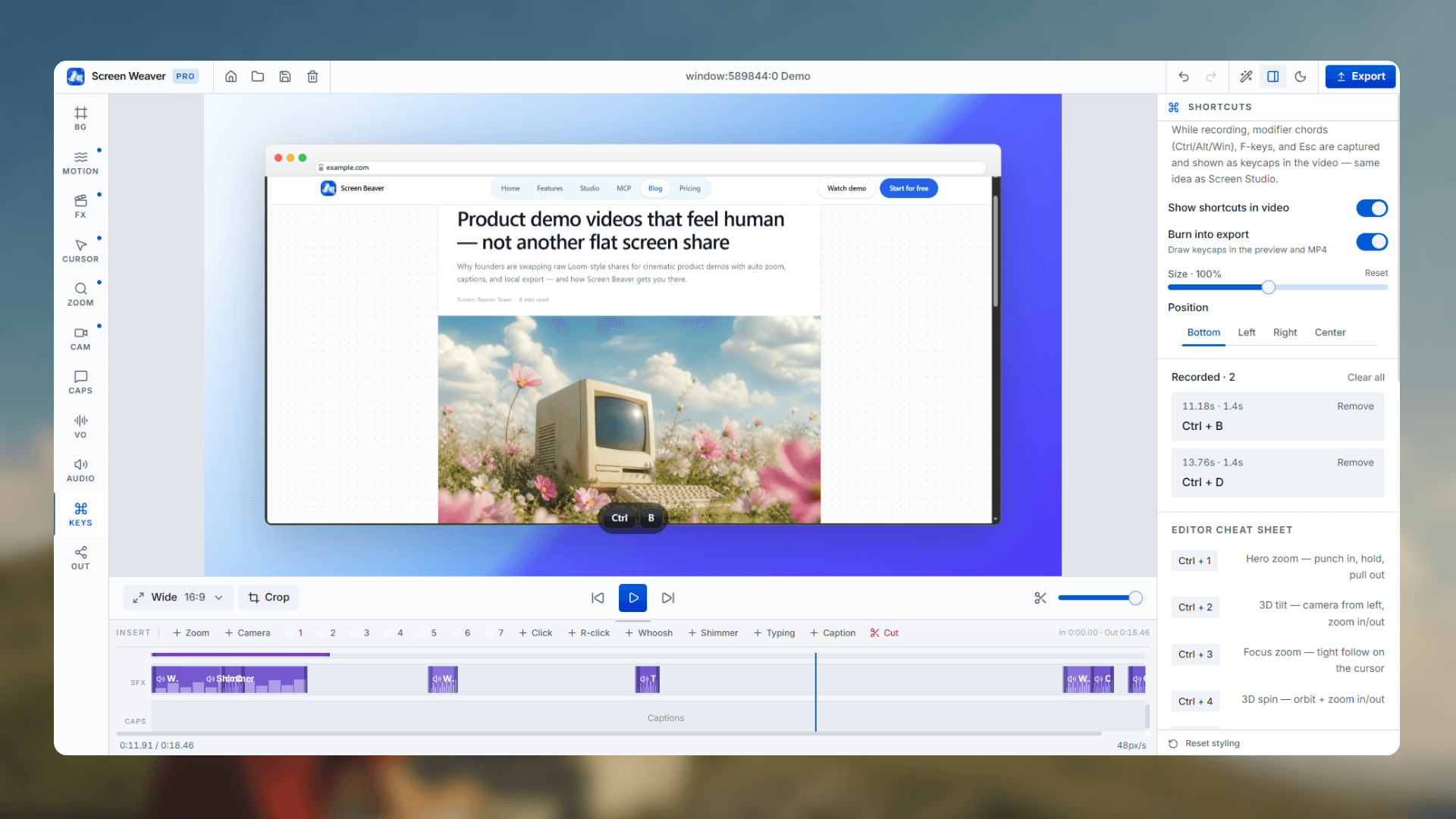 Screen Beaver studio keyboard shortcuts overlay and cheat sheet